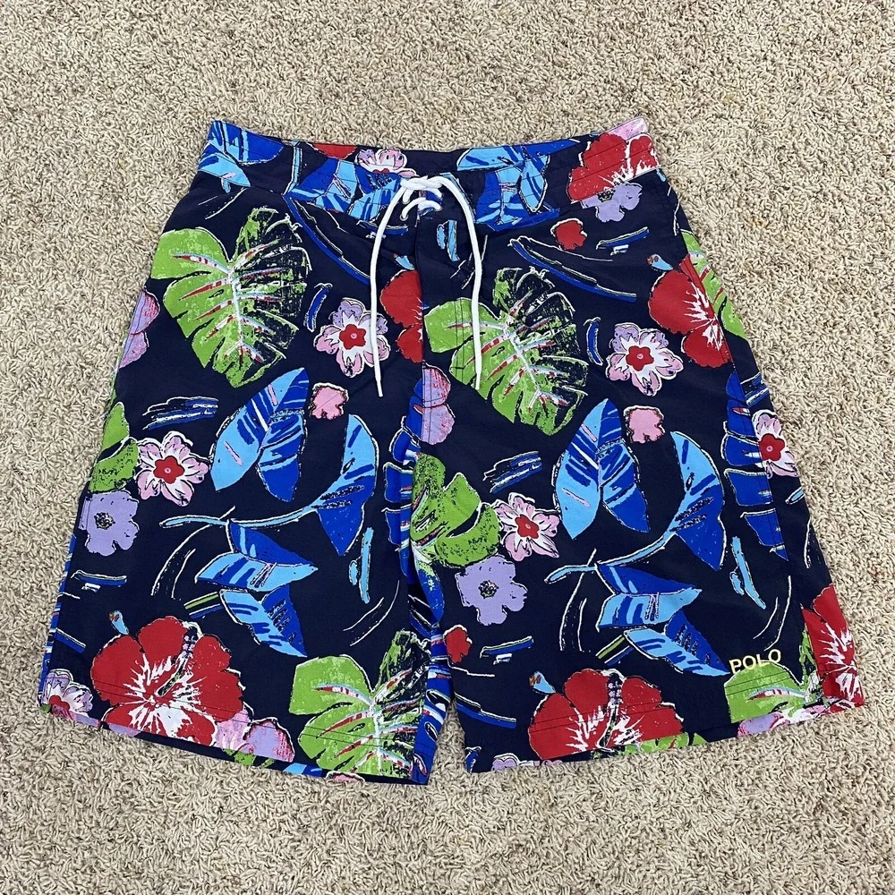 Polo Sport Ralph Lauren Board Shorts 34 Blue Floral Hawaiian Swim Trunks Pocket